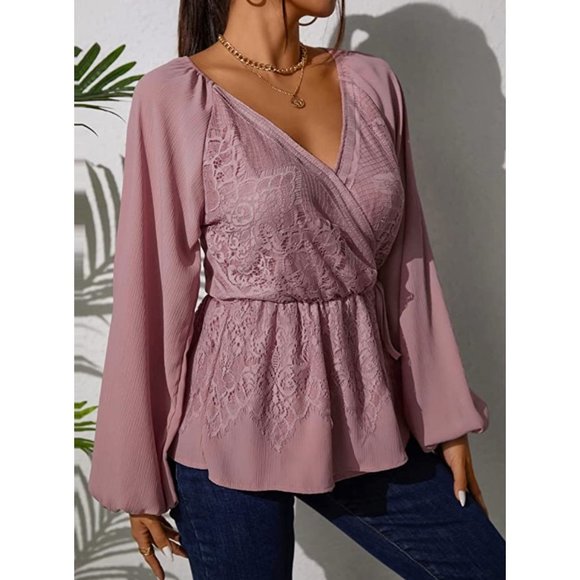 Pink Lace Chiffon V-Neck Wrap Peplum Long Bishop Sleeve Dressy Top Blouse - Picture 2 of 7